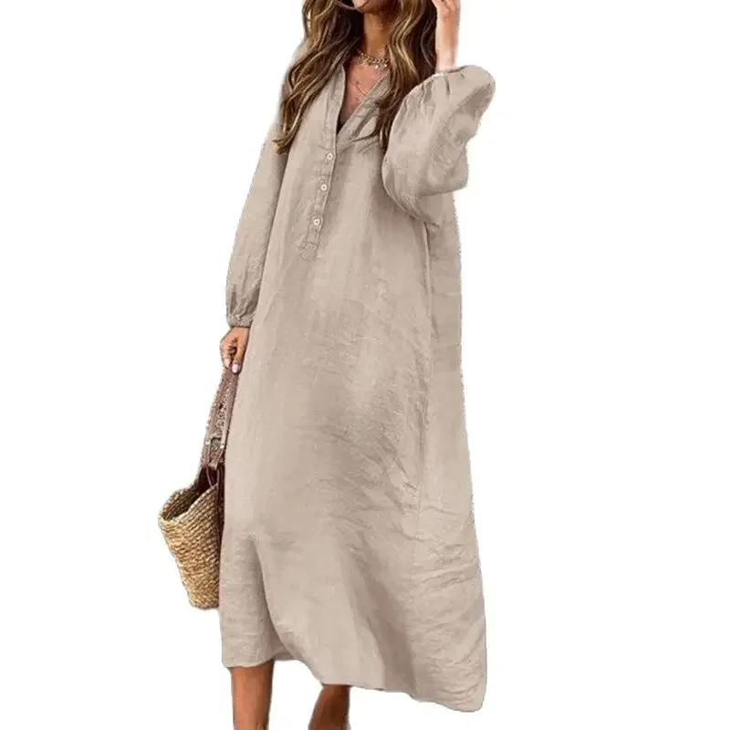 

Women Deep V Neck Button Splicing Dresses Solid Color Cotton Linen Long Sleeve Gown Female Casual Commuter Loose Large Hem Dress