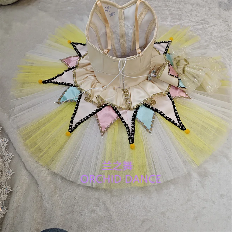 Womens Thin Strap V Back Ballet Tutu Performance Dress Black Bead Edge Colorful Diamond Star Patches Yellow White Contrast Pom P