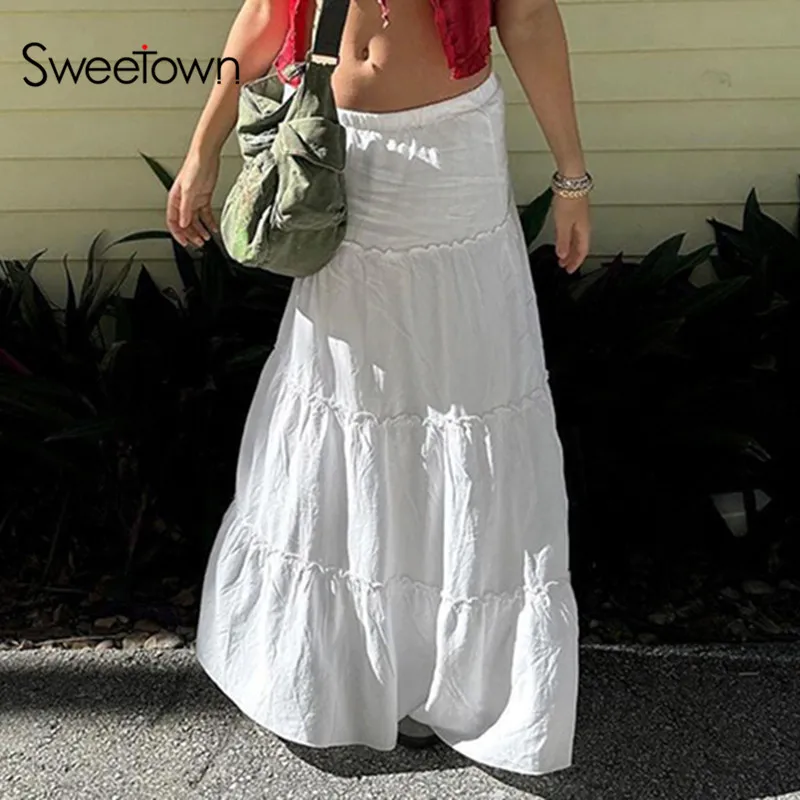 Sweetown White Solid Patchwork Stitch Fairycore Y2K Long Skirts Womens Low Waist Summer Holiday Boho Skirt