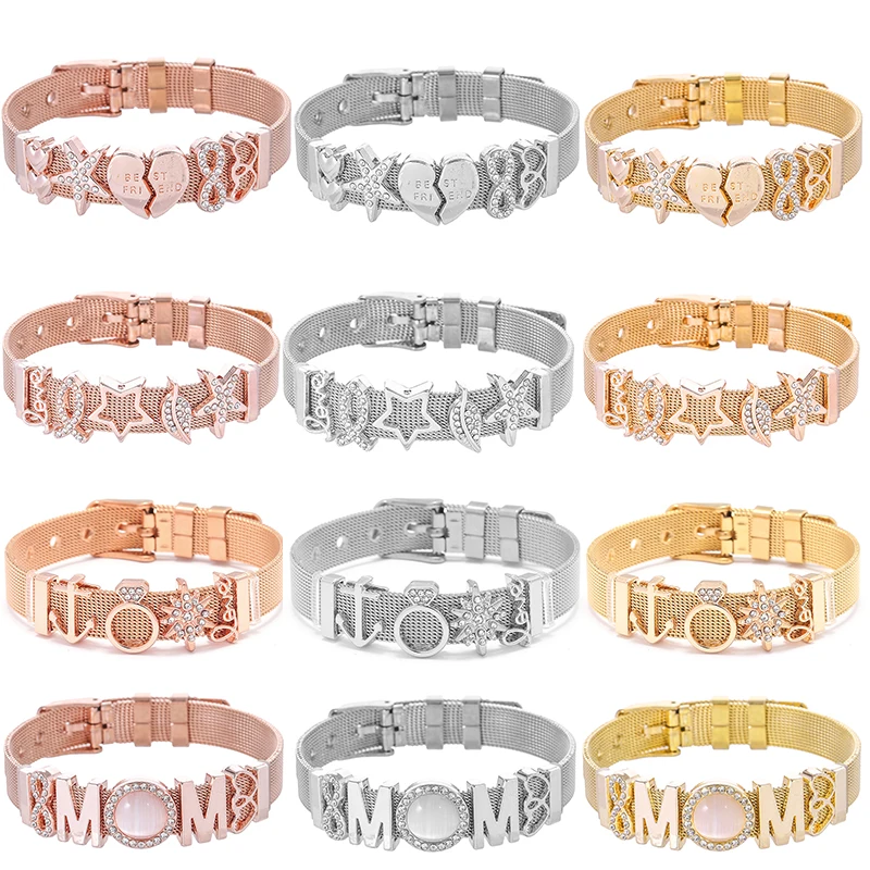 New Arrived Adjustable Stainless Steel Mesh Bracelet Shiny Crystal Bead Charms Fine Bracelet European Woman Watch Accessories