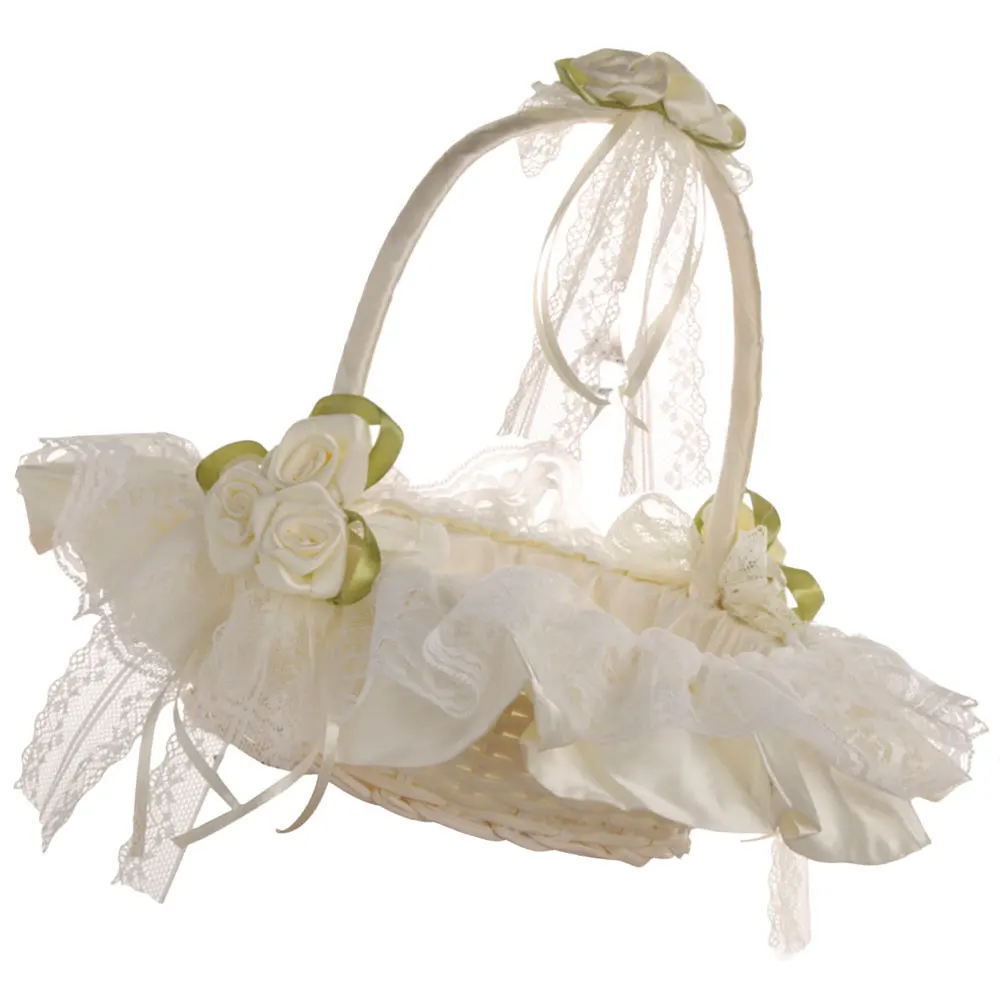 

Wedding Flower Girl Beige Polyester Lace Bridesmaid Basket for Girls to Hold Petals Small Handle White Storage