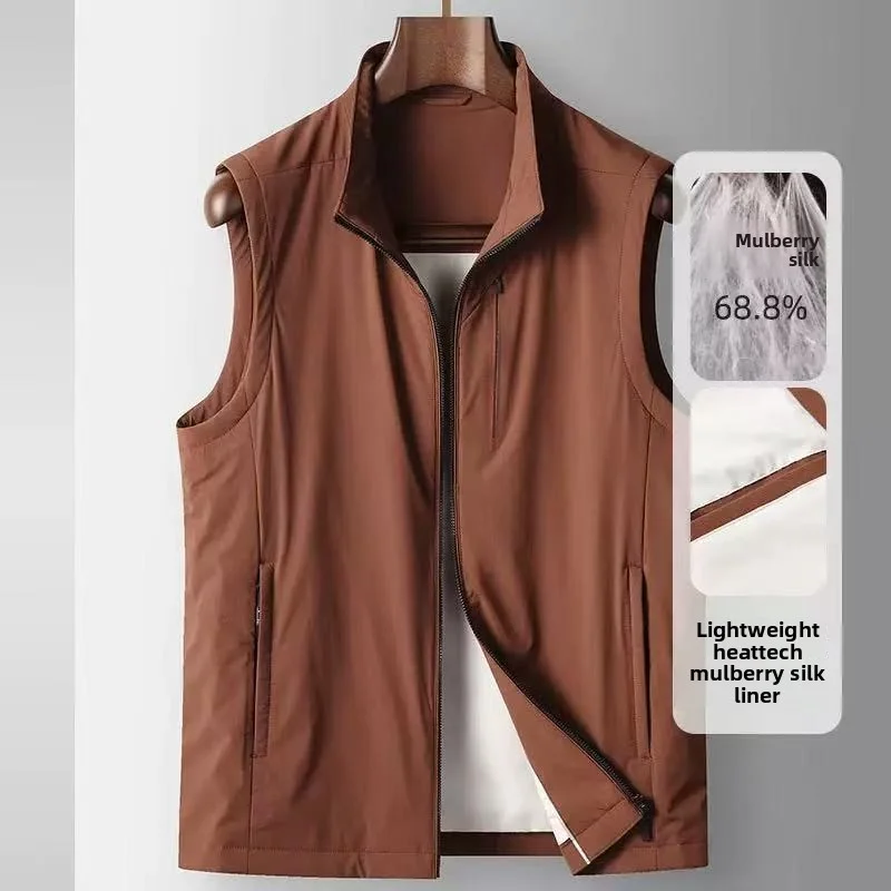 2025 Autumn/Winter New Men's Casual Vest Light Luxury Business Quality Fabric Mulberry Silk Sleeveless Fashion Trend Vest