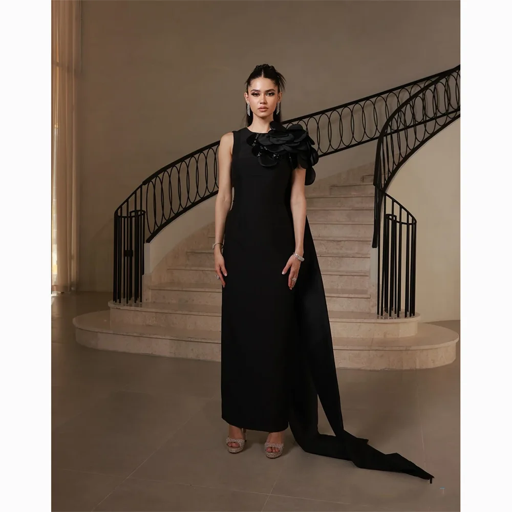 فساتين سهرة سوداء أنيقة على شكل حرف O مطرز بالزهور فساتين سهرة مستقيمة بطول الكاحل فساتين لحضور الحفلات الموسيقية حسب الطلب #1