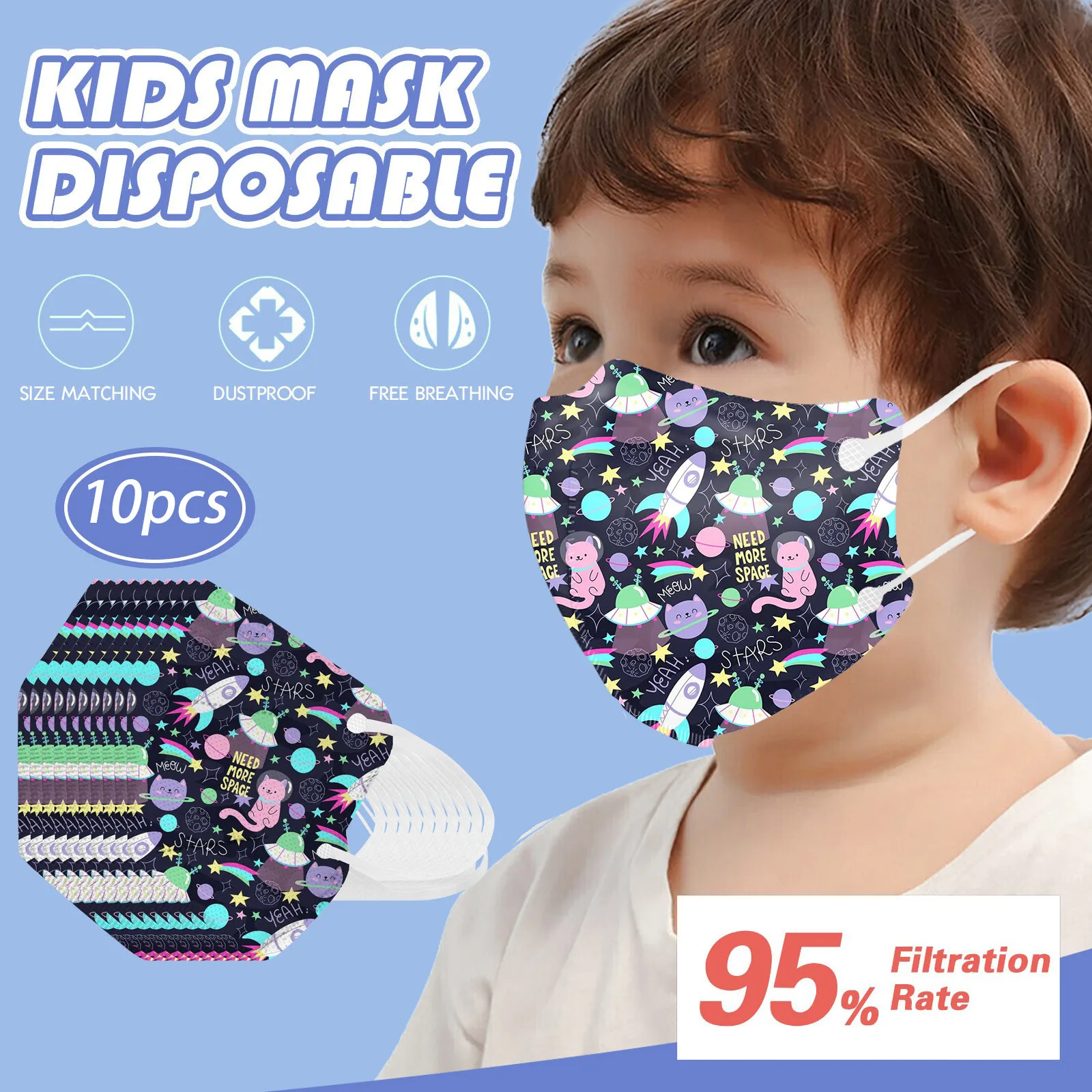 5-Layer Astronaut Series Printed Face Masks For Children, Daily Protective Breathable Face Mask Outdoor Dust-Proof Face