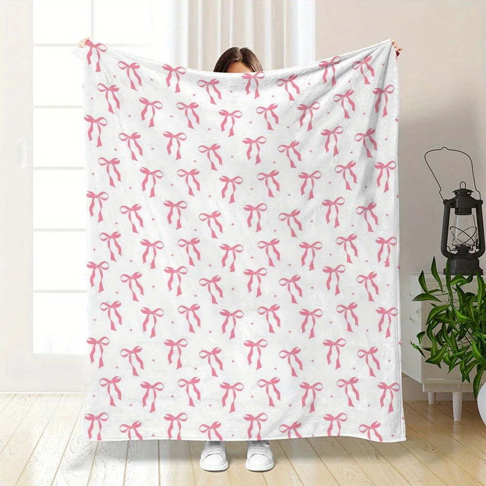 INS Wind Pink Bow Printed Flannel Blanket, Girl's Style Soft Cover Carpet, Bedroom Sofa Decoration, Napping Blanket