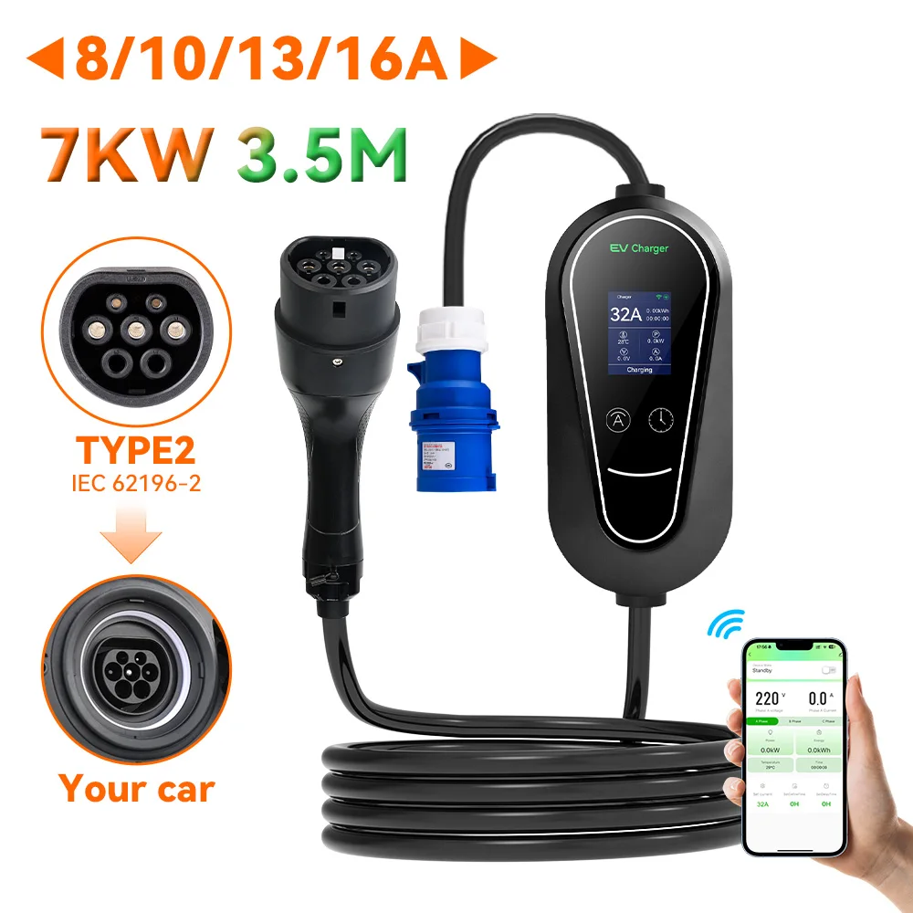 

VODEXEV 32A 7KW Type2 EV Portable Charger 1Phase 13/16/20/24/32A Adjustable Current Car Charger for Electric Vehicle