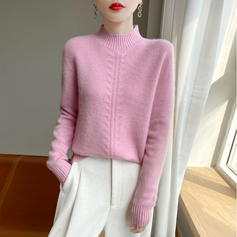 2025 Hemp Pattern Half Turtleneck Women's Woolen Sweater Autumn and Winter Warm 100% Wool Sweater Pure Color Comfort Pullover