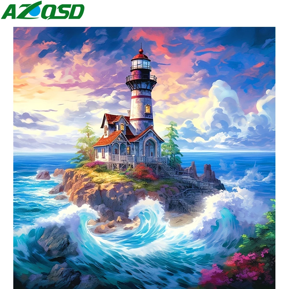 AZQSD Diamond Paintings House Landscape Cross Stitch Embroidery Sea Lighthouse Mosaic Wall Decor 5d Diy Art Needlework