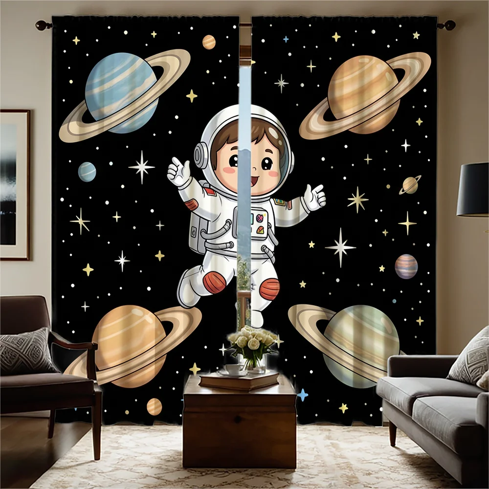 2pc Decorative Space Galaxy Astronaut Planet Curtain Panel Living Room Curtains for Nursery Kids Children's Room Starry Night Wi