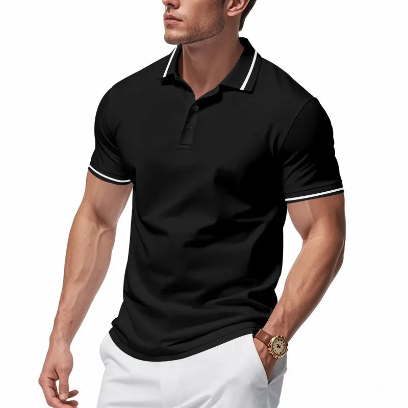 Short Sleeve Shirt White Button Placket Short Sleeve T-Shirt Black Contrast Trim Tee Navy Blue Men's Casual Loose Fit Ribbed