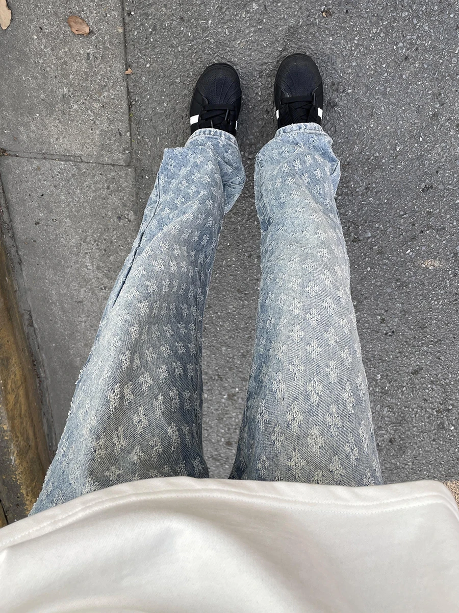 

Light Blue Washed Embroidered Men's Jeans Spring Trendy High Street Straight Leg Long Trousers Comfortable Wear Resistant