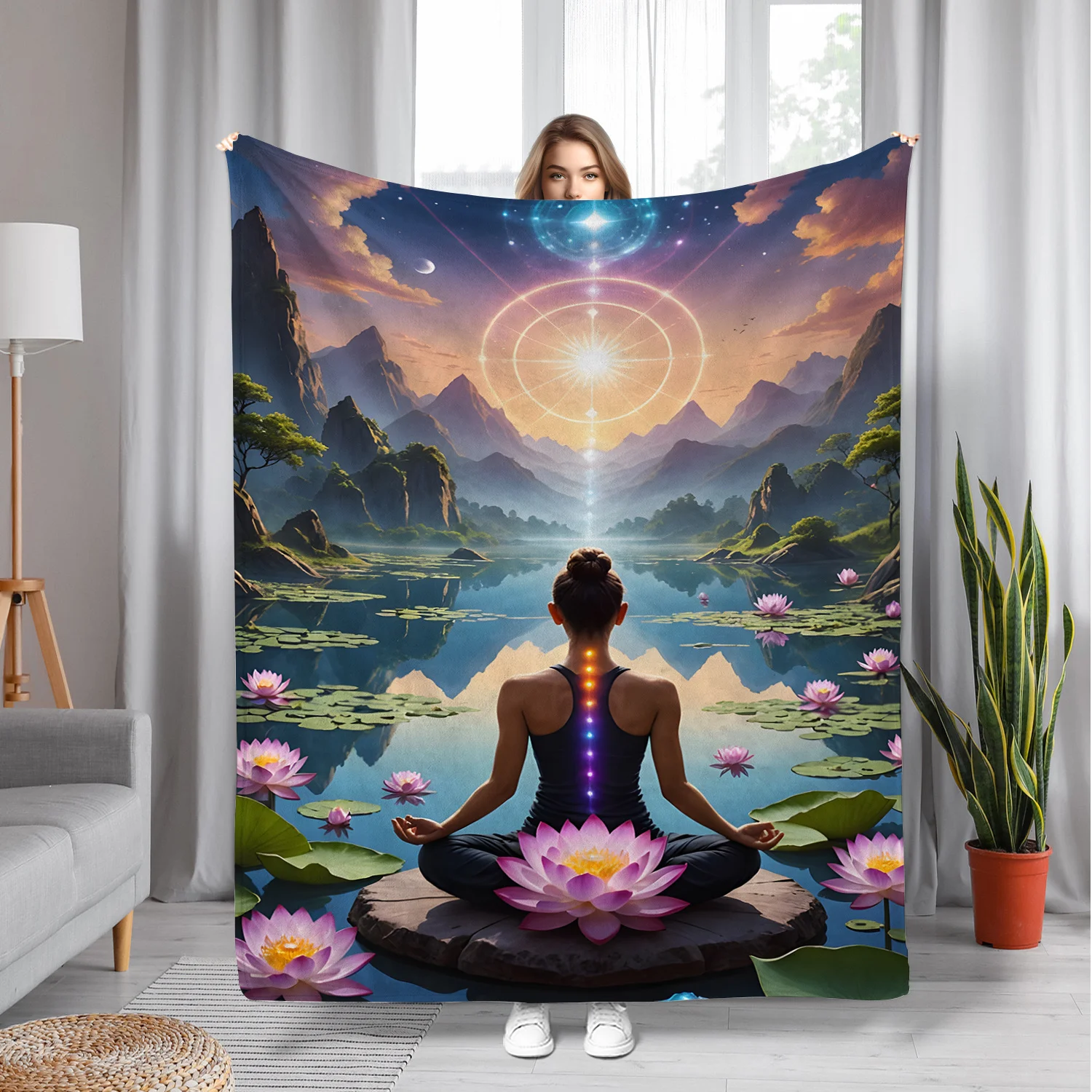 Lotus Chakra Meditation Tapestry Blanket - Soft Comfort Flannel, Digital Print, All-Season Lightweight Warmth for Office Naps, D