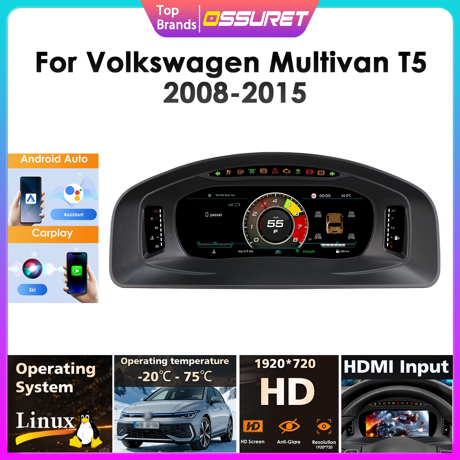 10,25-Zoll-Digital-Armaturenbrett für Volkswagen Multivan T5 2008-2015 mit Carplay, Android Auto, HDMI-Eingang, OTA-Update und Tachoanzeige