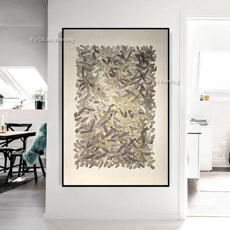 Large 100% Hand‑Painted Abstract Oil Painting, Neutral Grey Beige Palette Knife Heavy Textured Canvas Wall Art