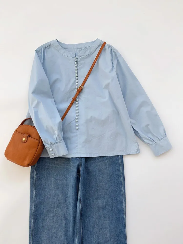 

Blue Cotton Long Sve round Ne irt Women's Loose Fit Breathable Moisture ng Summer New Sle Japanese Design Top