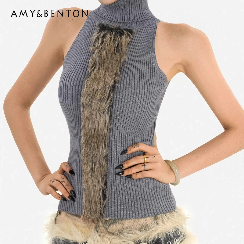 

Вязаный женский жилет в стиле панк с высоким воротом, осень-зима 2022, новый милый крутой индивидуальный дизайн для похудения, топы, жилеты для женщин