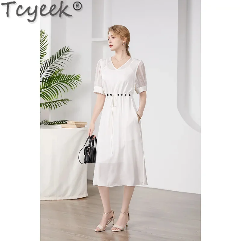 Tcyeek-Robe à col en V française pour femme, Mulberry Inj, Vêtements d'été haut de gamme, Robe élégante pour femme, 92.3%, 2024