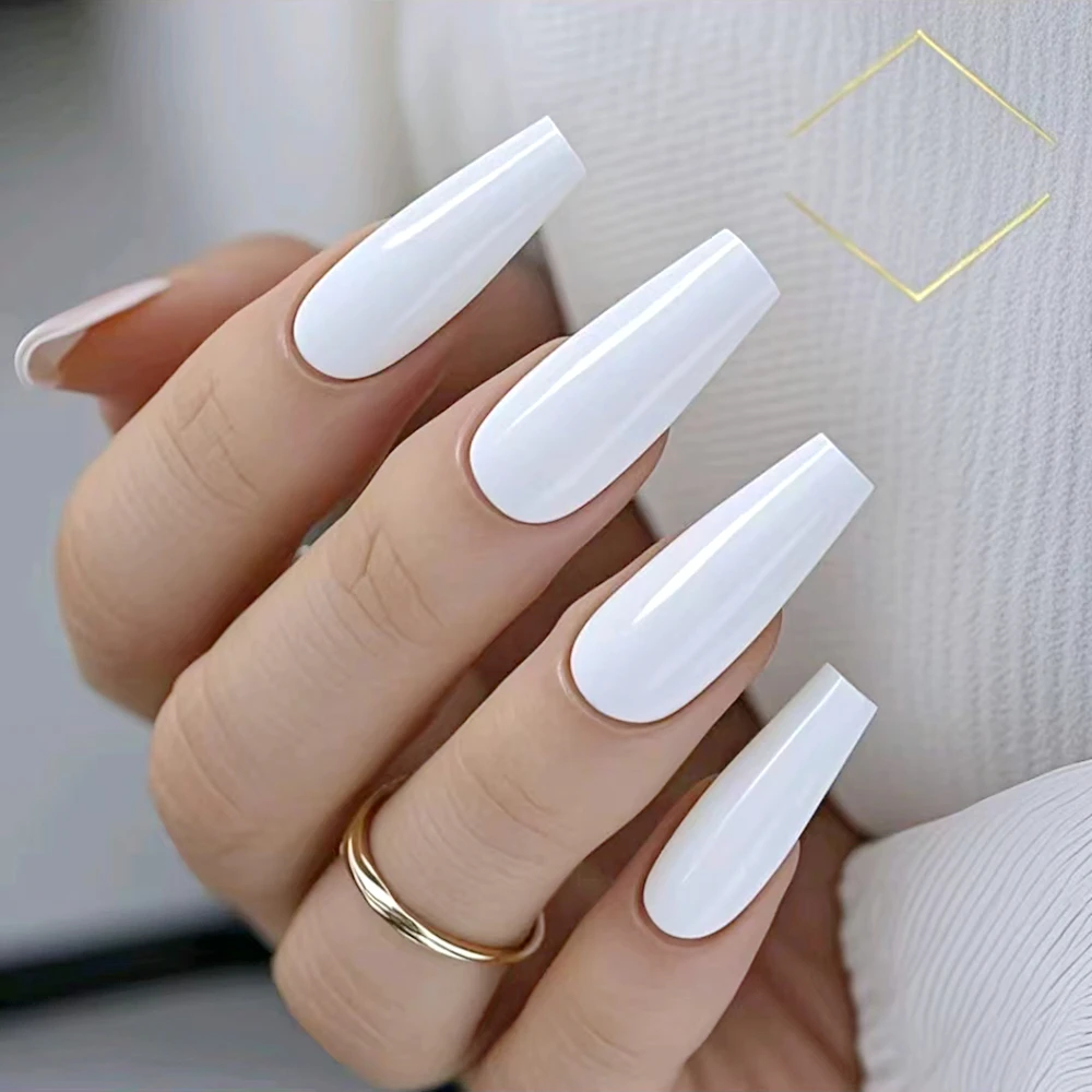 

48Pcs Shiny White Press On Nails Long Ballerina Coffin False Nail With Jelly Glue Artificial Finger Tips Manicure Tool