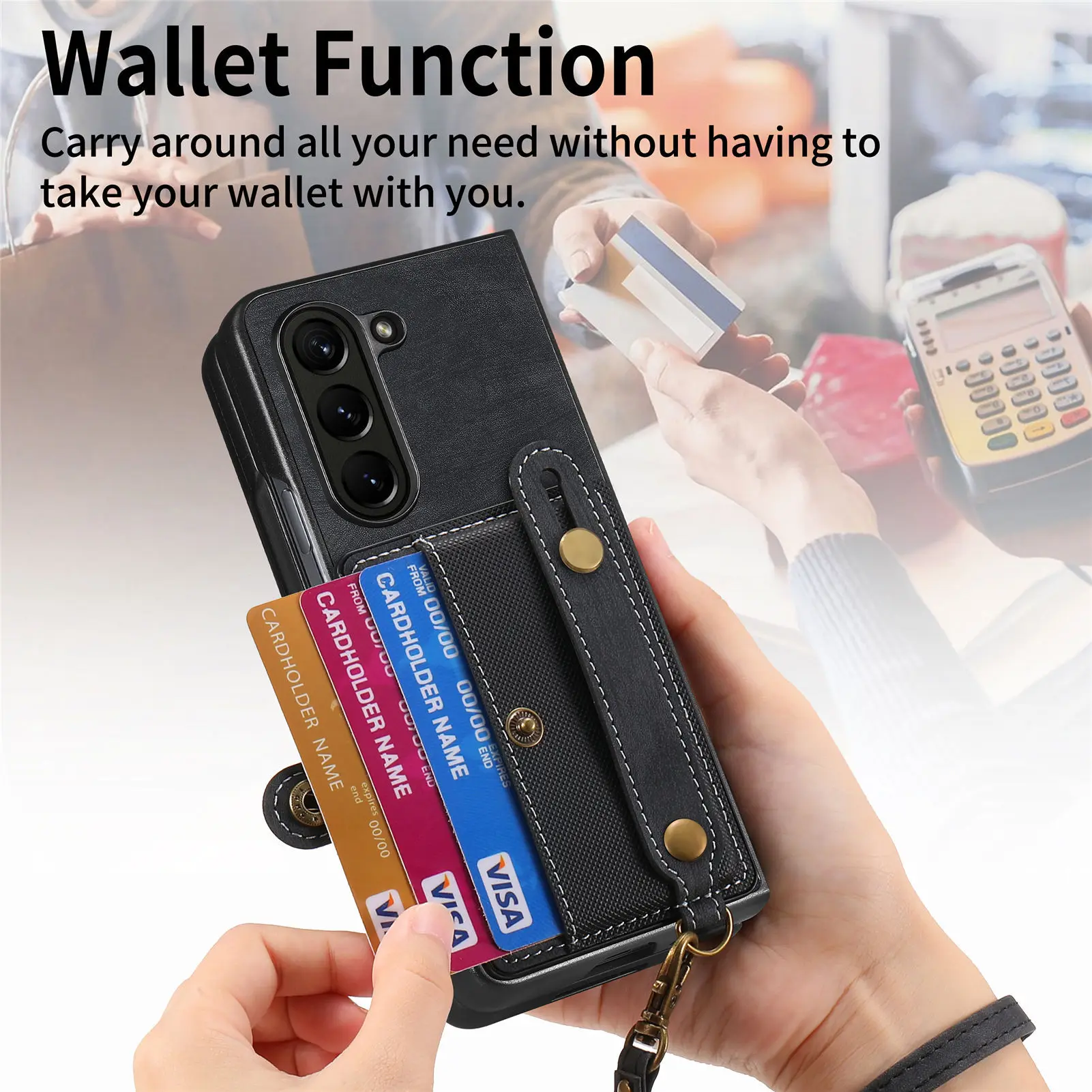PU Leather Phone Case for Samsung Galaxy Z Fold 7 6 5 4 3 zfold7 zfold6 Card Storage Wallet Protective Cover with Lanyard XL003 view 5