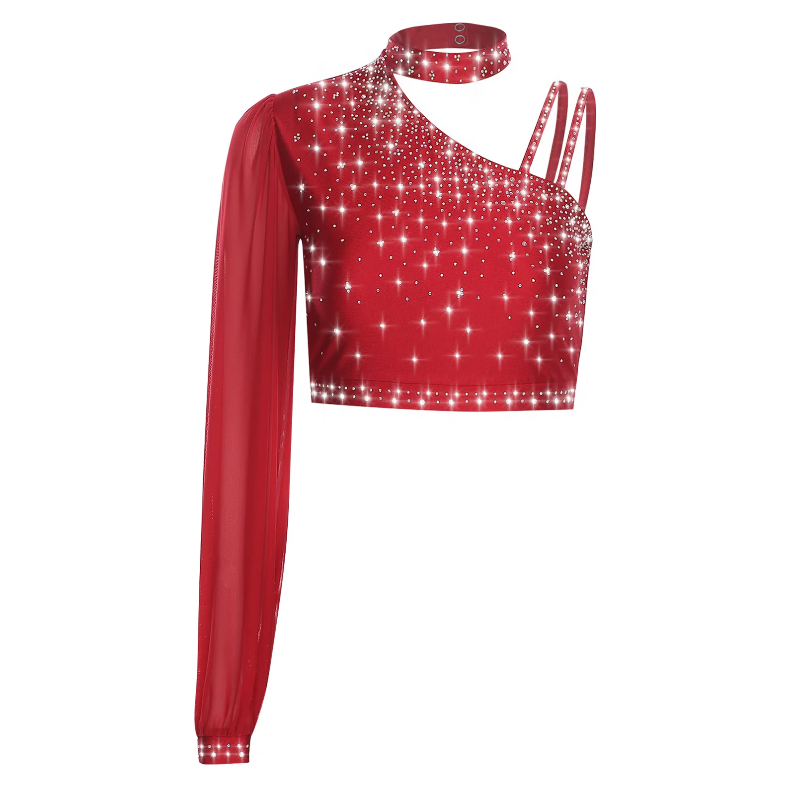 Zeitgenössisches lyrisches Tanz-Crop-Top für Damen, asymmetrisch, durchsichtiges Netz, langärmelig, glänzender Strassstein, Bühnenauftritte, Kostüm