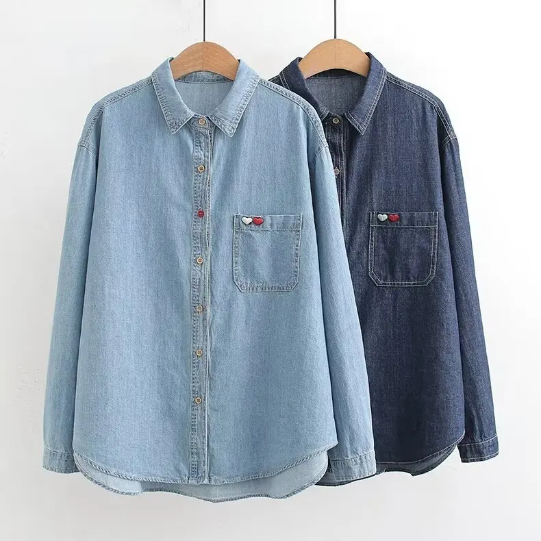 New Spring Denim Loose Casual Shirt Women Lapel Long Sleeve Embroidery Heart Top Girl Sweet Blouses 2024 Autumn T44338QM