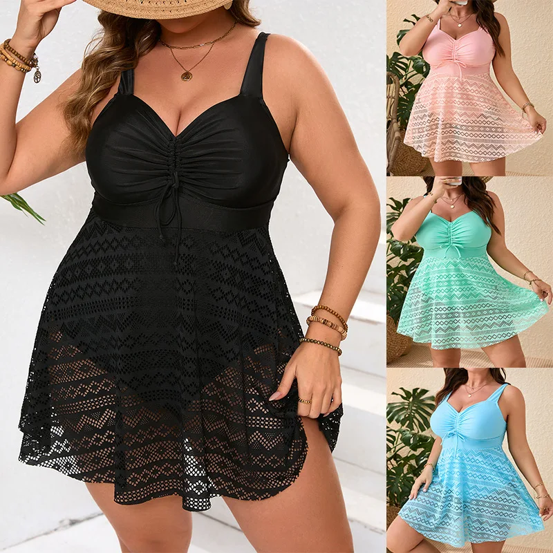 2025 New Women's Plus Size Mesh Subtle Pattern High-Waisted Bust-Enhancing Dress-Style Slimming Multi-Color Swimwear/Swimsuit