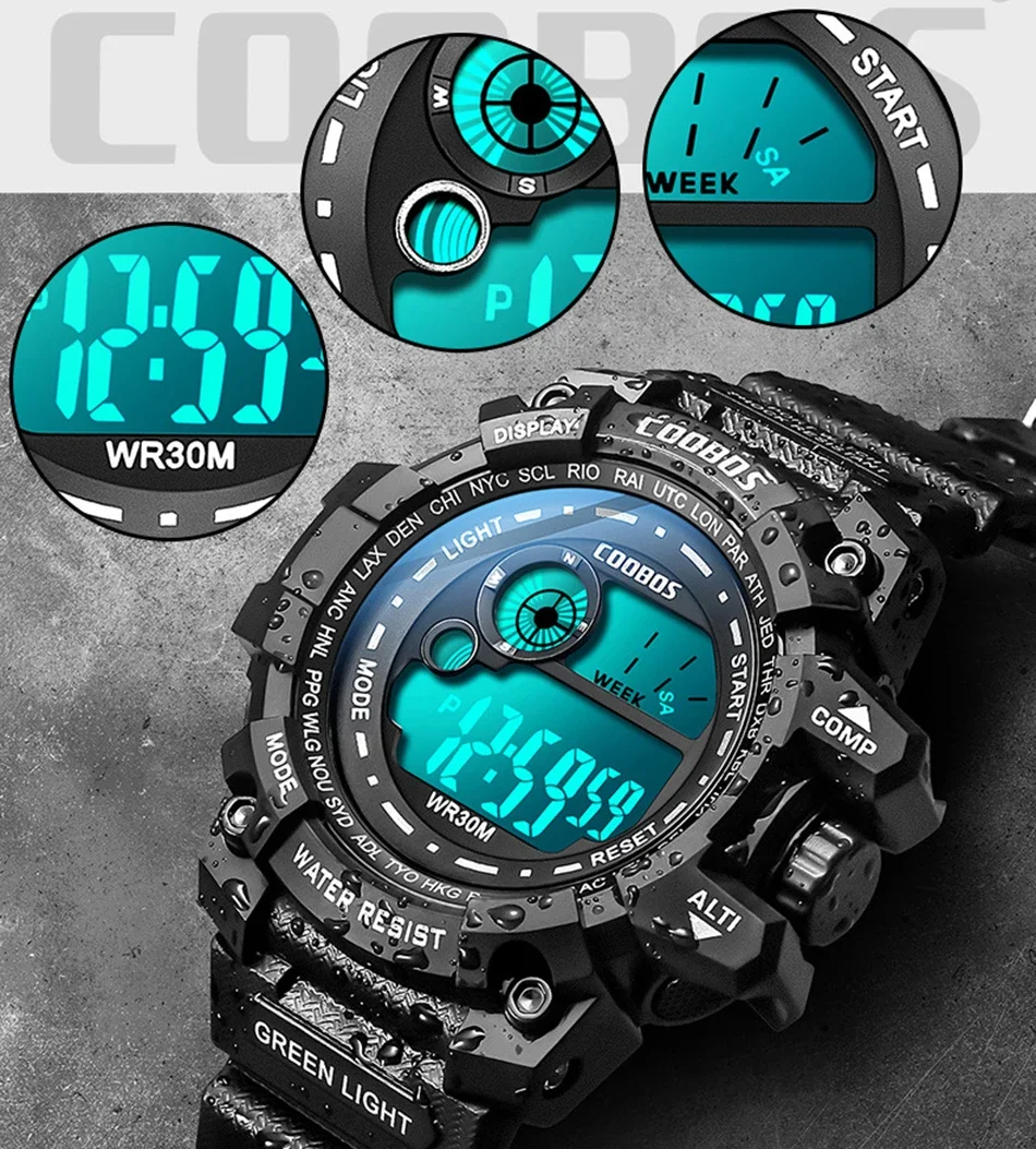 COOBOS New Men LED Digital Watches Luminous Fashion Sport Waterproof Watches For Man Date Army Military Clock Relogio Masculino