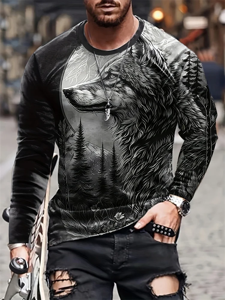 

Men's Long Sleeve T-Shirt 3D Wolf Print Y2k Round Neck Clothes Spring and Autumn Daily Casual Top Street Fashion Men's Clothing