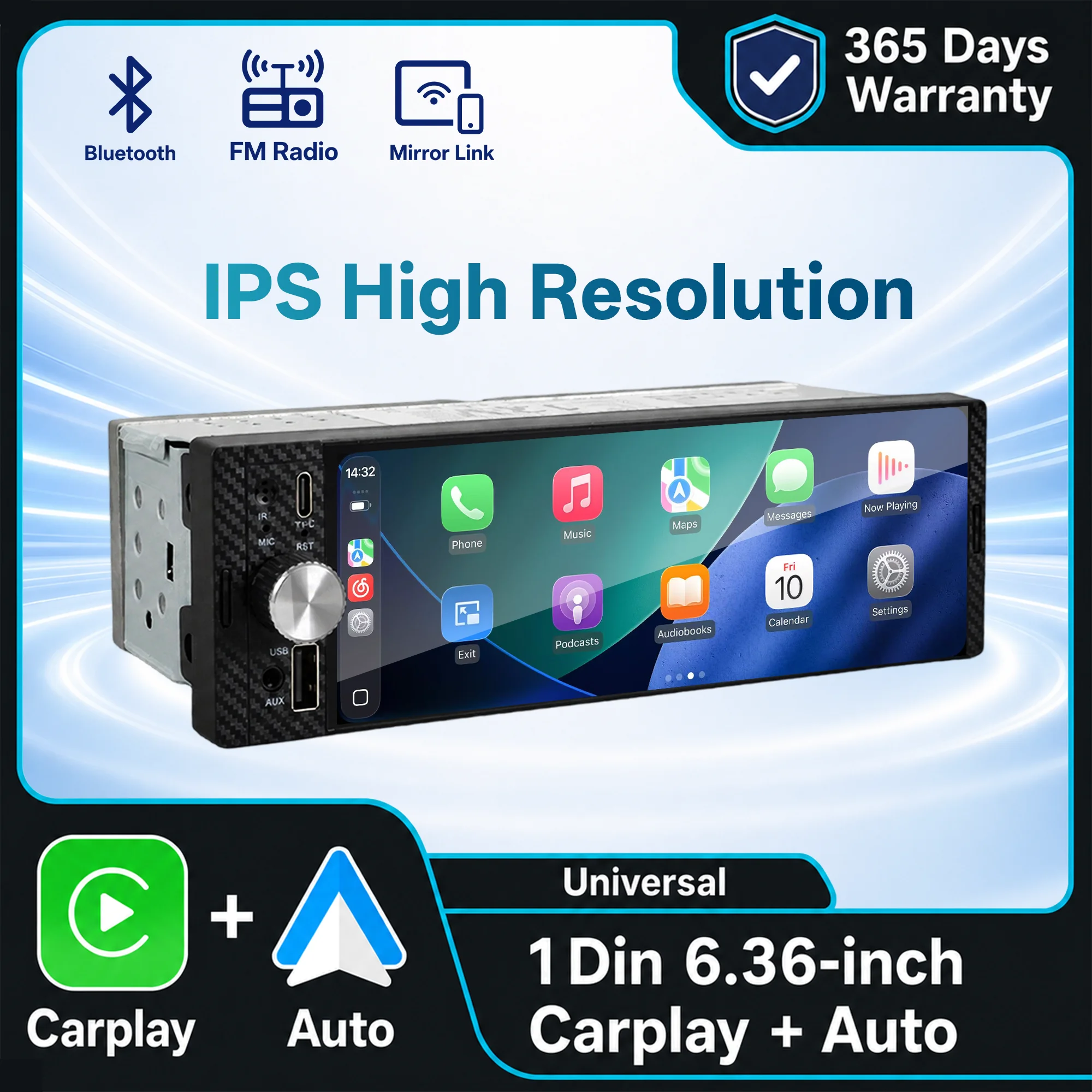 1 DIN Car Radio 6.36 Inch Touchscreen Car Stereo Wireless CarPlay Android Auto Bluetooth FM Mirror Link MP5 USB Player