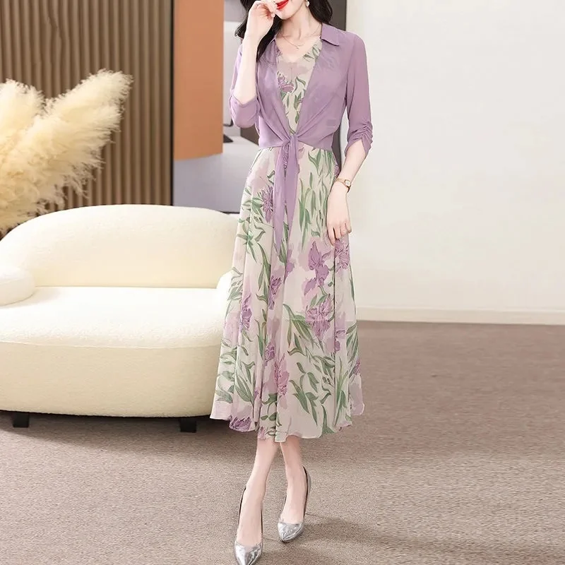 

Single/two-piece Chiffon Set for Summer 2024 Loose Purple Cardigan Print Fashionable Temperament age Reducing Dress Commuting B4