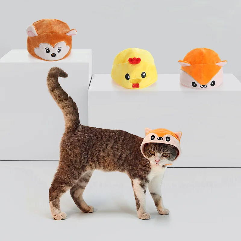 Cute Plush Cartoon Animal Cat Head Hats Monkey Fox Chick Design Adjustable Magic Tape Easy To Remove Wash Soft Pet Headwear For