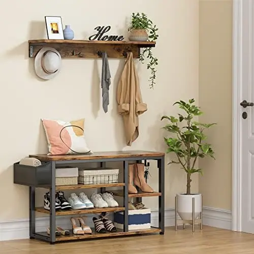 

Hall Tree Shoe Bench with , 4 in 1 Coat Rack Set, Industrial Bench with 4 Hooks, 5 Shoe Cubbies, for Entryway, Hallway, Rustic