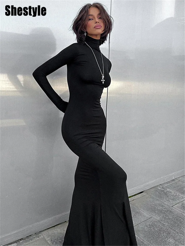 

Shestyle Black Solid Long Meimaid Long Dress Women 2025 Autumn Tutleneck Full Sleeve Slim Sexy Simple Elegant Homewear Outfit