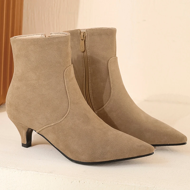 Fashion Short Ankle Boots Female Spring Autumn Flock Casual Boot Woman Party Shoes Heels Beige Grey Black Large Size 48 Classic
