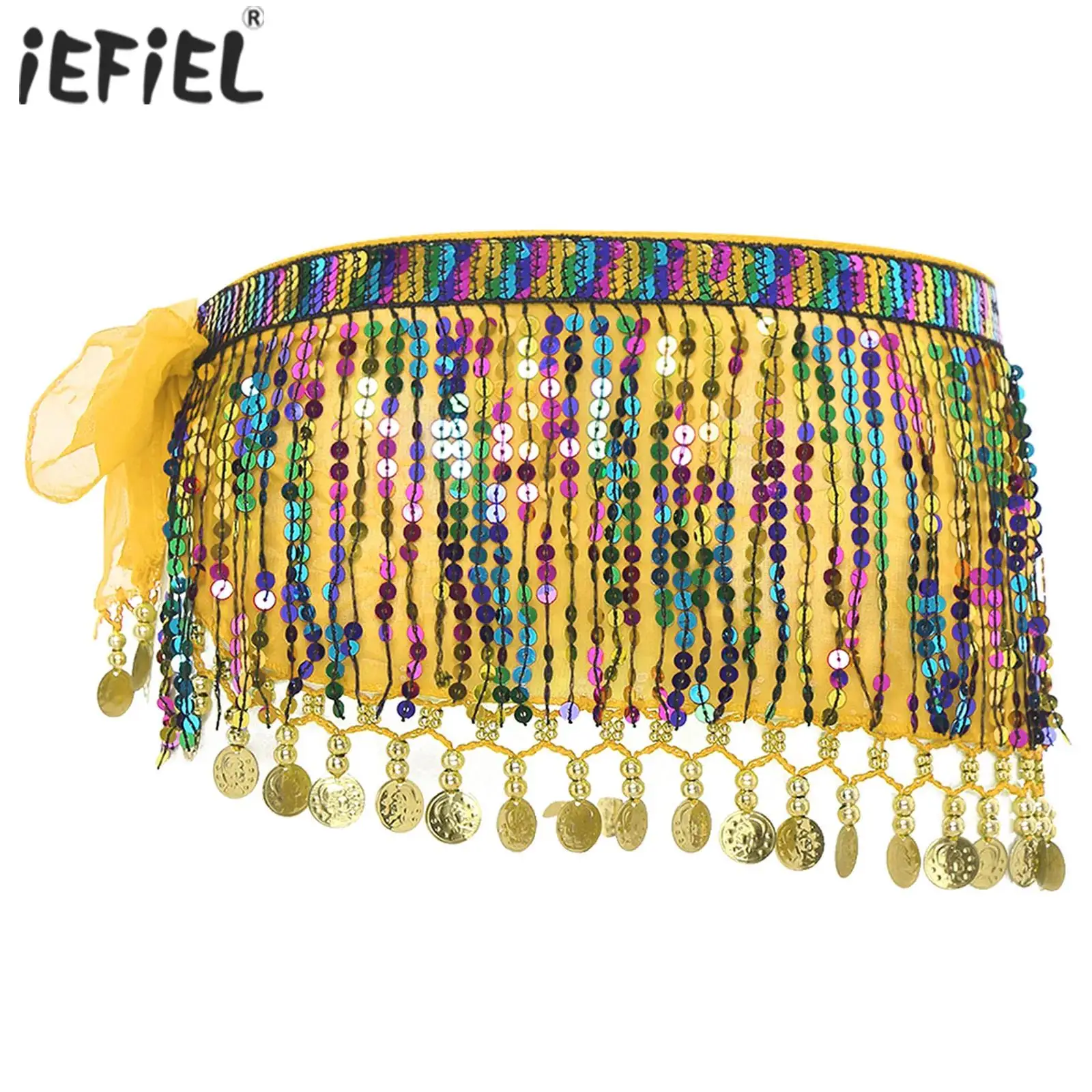 

Женская блестящая юбка-шарф для танца живота, кисточка, пластиковые бусины, металлическая юбка с блестками на шнуровке, танцевальный костюм для ча-ча-самбы