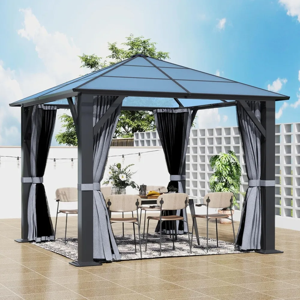 10'x10' Hardtop Gazebo, Outdoor Gazebos with Translucent Roof, Polycarbonate Top Metal Frame Garden Tent, Gazebo