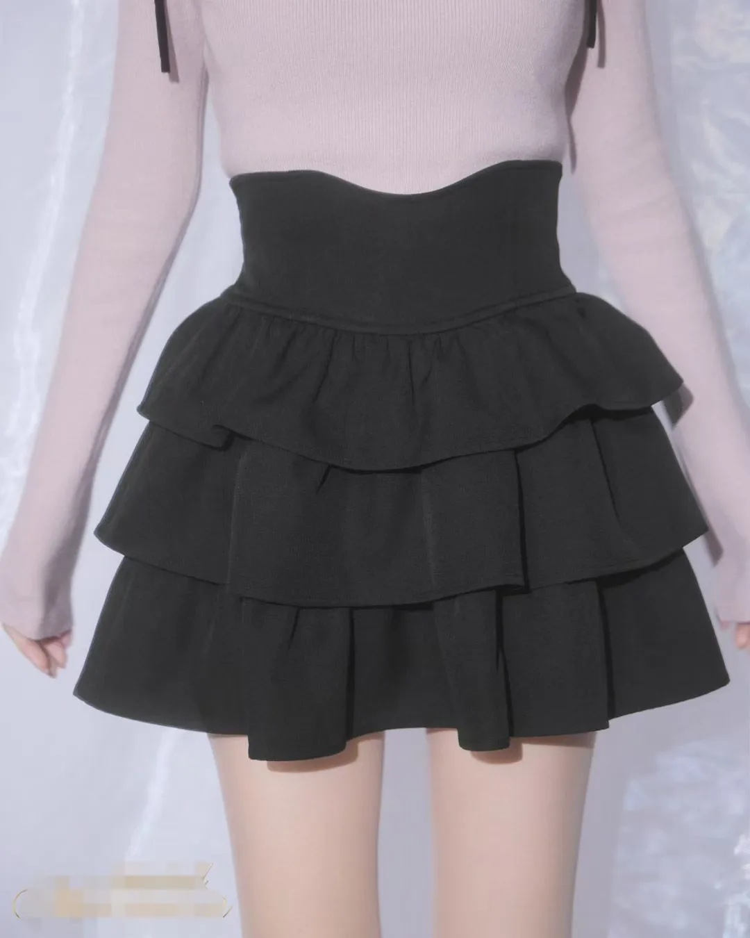 Black Three-Layer Cake Skirt with Beautiful Legs Design Large Skirt Hemline Half-length Lace Dress Commute Style High Waist P...