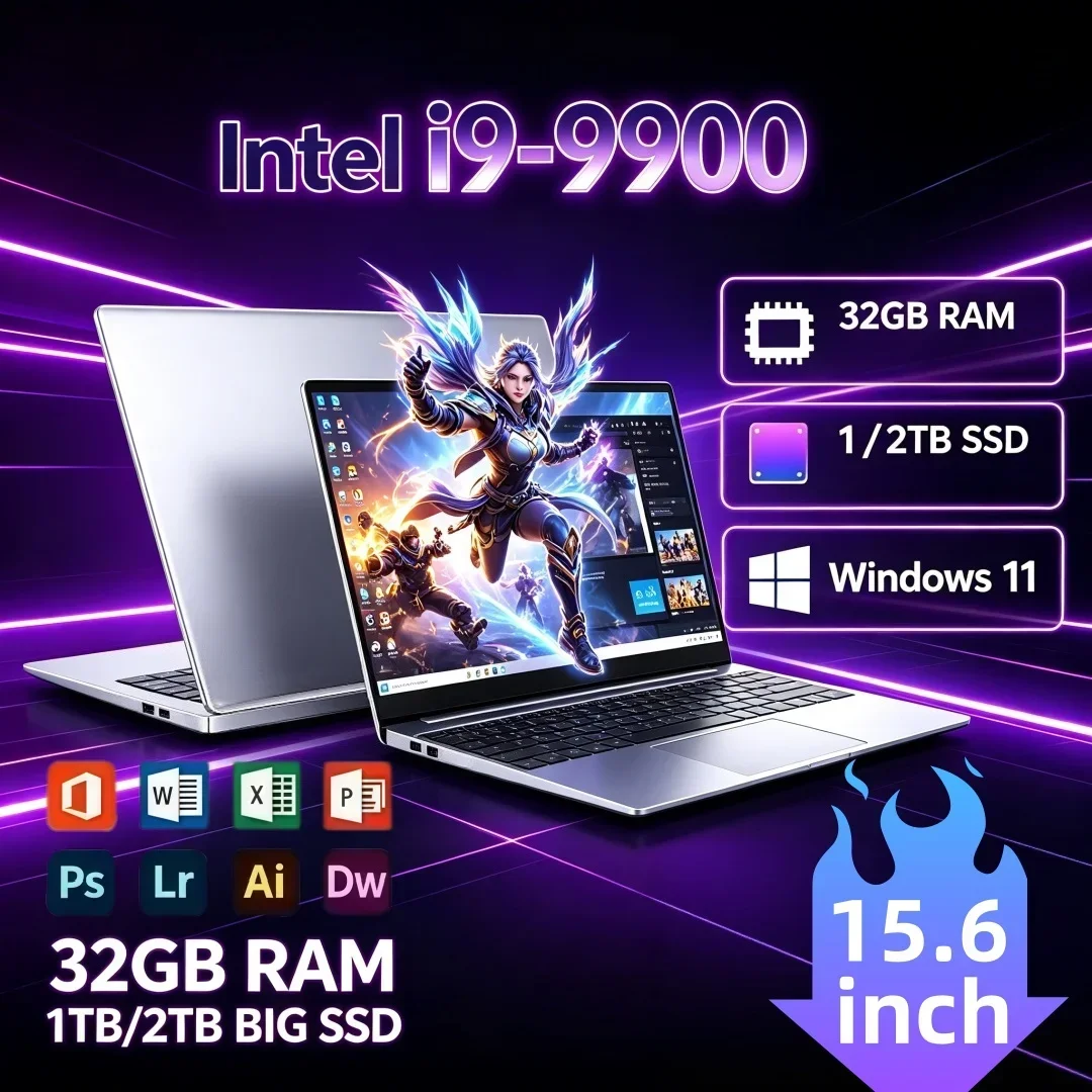 Intel i9‑9900 15.6 Inch Best Selling Portable Ultra Slim Laptop 16GB/32GB RAM  Windows11 Notebook Office Study 1TB/2TB Big SSD