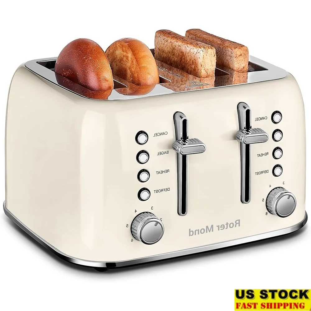 

4 Slice Toaster Stainless Steel Extra Wide Slots Bagel Defrost Reheat Dual Independent Control Retro Kitchen Appliance