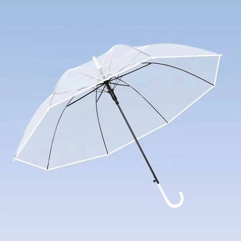 Low price Semi-automatic transparent straight umbrella Translation umbrella PVC rainproof custom printed J handle