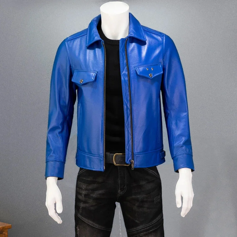 shipping.fashion Free brand men leather jacket.blue slim cowhide garments.dropship cheap clothes.Plus size