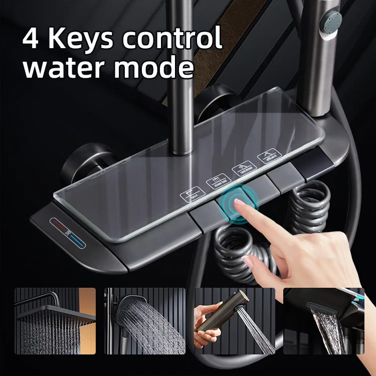 Kidolux Digital Multifunction Grey White Rainfall Shower Head Temperature Faucet With Waterfall Spray Brass Shower Mixer Set