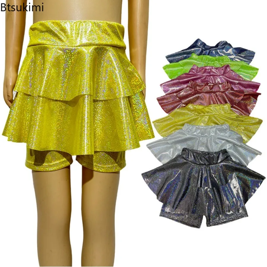Kids Girls Skirt Shorts High Waist Elastic Ruffles Layering Culotte Shorts for Jazz Dance Cheerleading Activities Performance