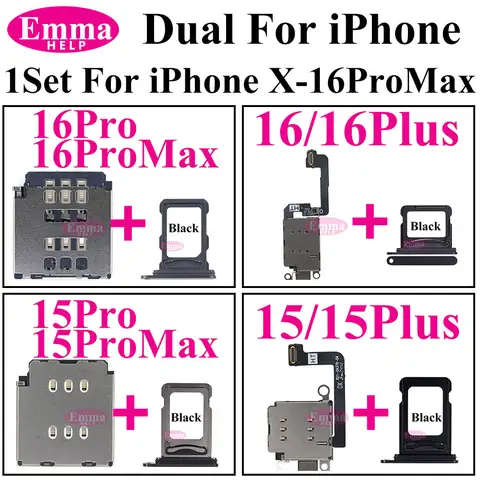 1set Dual Sim Card Reader Connector Flex Cable For iPhone 16 15 13 12 11 14 Pro Max XR Tray Slot Holder Adapter Replacement