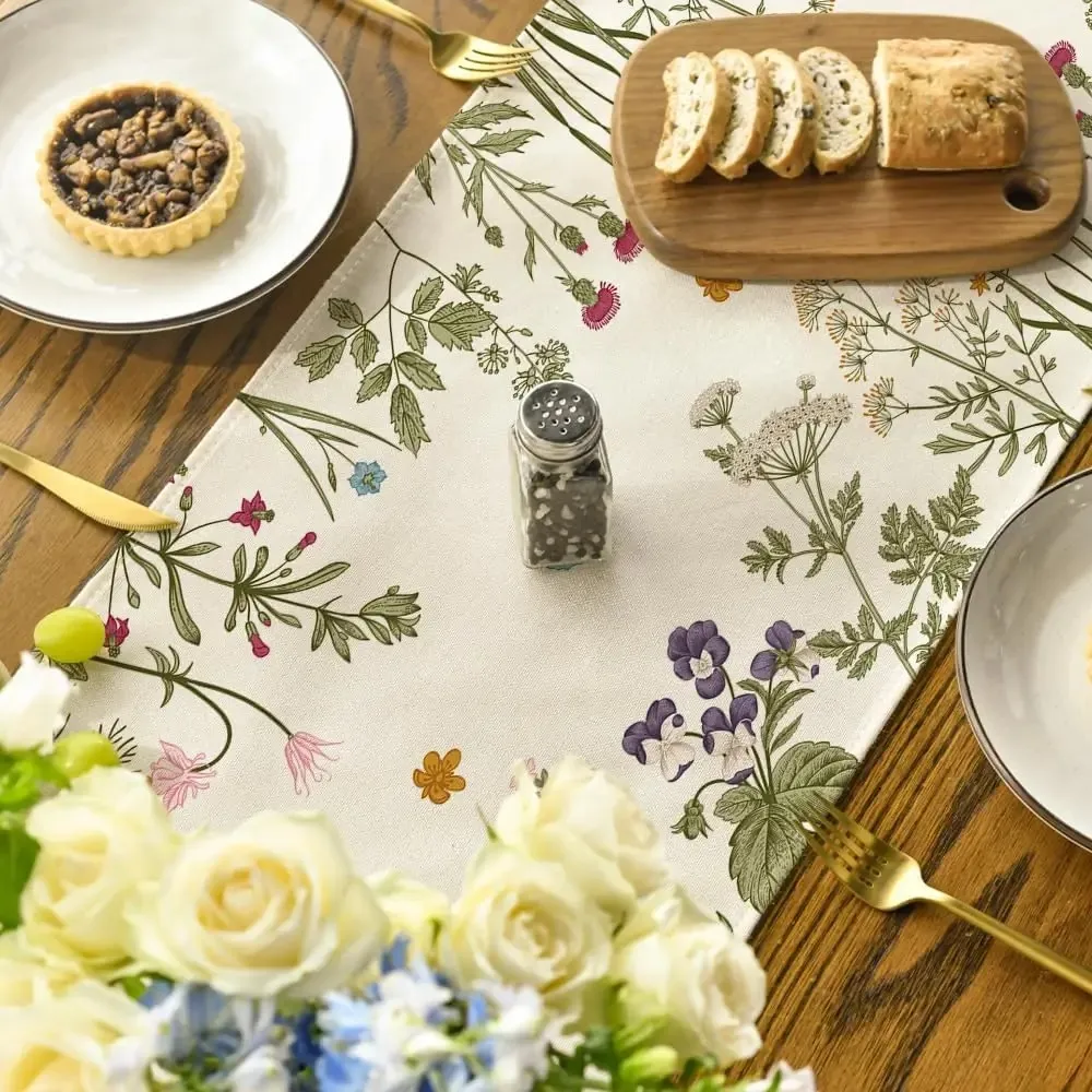 VIKAMA Nordic Fresh Daisy Romantischer Tischläufer mit Blumendruck, schmutzabweisend, perfekt für Feiertage, Küche, Esszimmer, Heimdekoration