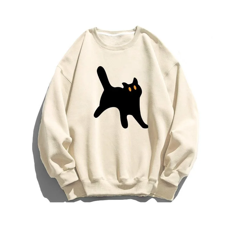 Solid color cute cat pattern men's and women's round neck pullover hoodie top casual daily versatile round neck hoodie loose fit