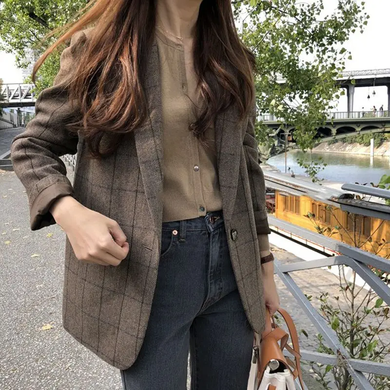 Women's Spring Korean New Woolen Small Suit Commuting Fashion Business Plaid Button Pocket Splicing Versatile Long Sleeve Coat