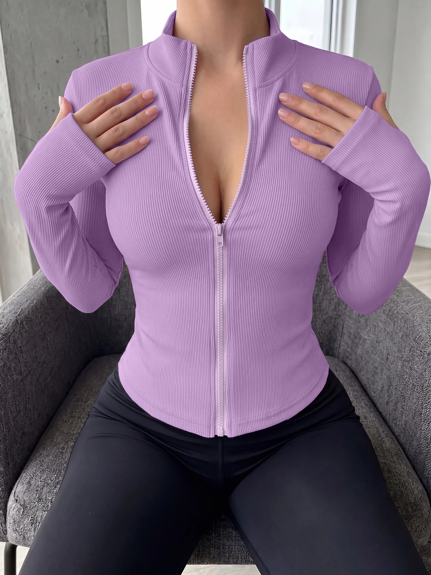 Classic Cropped Full Zip Rib Jacket Ladies Thumb Hole Long Sleeve Knit Daily Layering Outer Tops