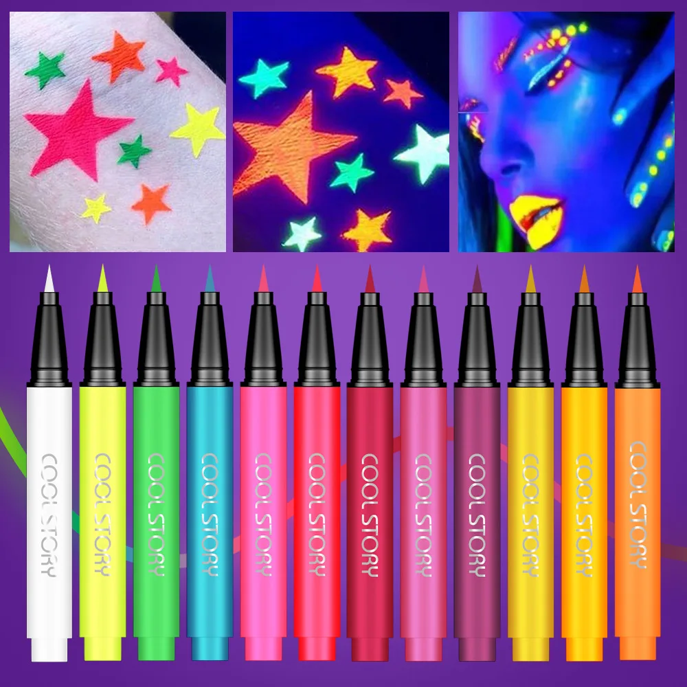12 สีอายไลเนอร์ Stick Set,ปากกาอายแชโดว์เรืองแสง UV Glow,Neon Paint อายไลเนอร์สีเรืองแสงปากกาแต่งหน้าสําหรับเพลง