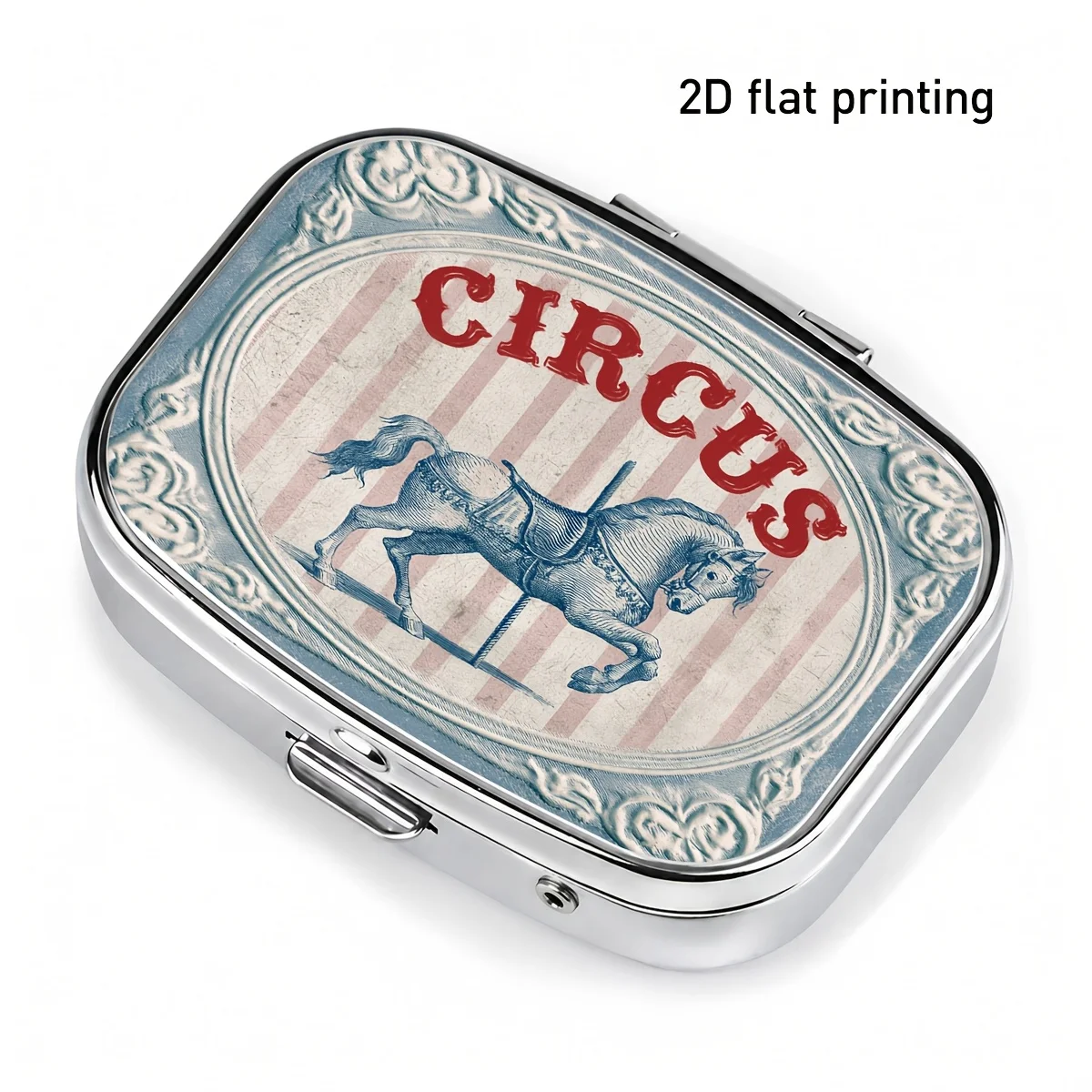 1 Piece, Flat Print, Vintage Blue and White Circus Horse Pattern Square Portable Small Pill Box, Exquisite and Durable Metal Casing, Dual Compartment Design, Can Hold Pills, Vitamins, and Accessories, Pocket-Sized, Creative Gift for Daily Travel, Flat Design